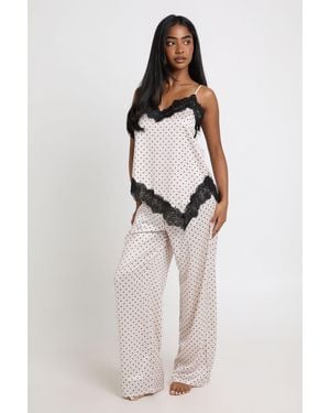 Boohoo Polka Dot Satin Lace Trim Asymmetric Hem Cami & Trouser Pyjama Set - Natural