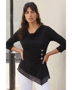 Roman Button Detail Chiffon Hem Top - Black