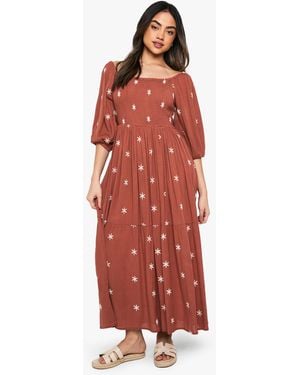 Boohoo Embroidered Cheesecloth Shirred Midaxi Dress