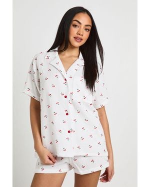 Boohoo Cotton Cherry Print Textured Short Sleeve Shirt & Pyjama Set - White