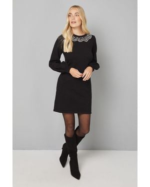 Wallis Petite Embellished Neck Knitted Dress - Black