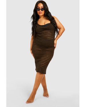 Boohoo Plus Cowl Neck Crochet Beach Dress - Black