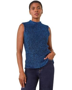 Roman High Neck Fluffy Tinsel Knit Top - Blue
