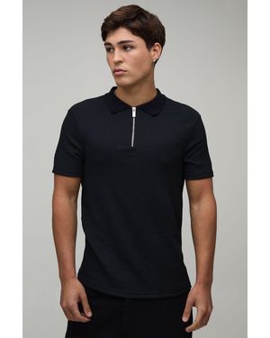 BoohooMAN Muscle Fit Crinkle Textured Zip Up Polo - Blue