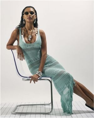 River Island Metallic Knit Asymmetric Midi Dress - Blue