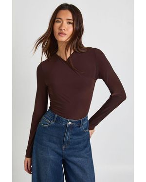 Boohoo Wrap Front Matte Slinky Long Sleeve Bodysuit - Purple