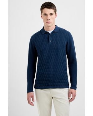 French Connection Dark Cotton Long Sleeve Box Knit Button Collar Polo Shirt - Blue