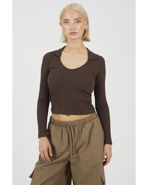 Brave Soul Ribbed V-Neck Collared Top - Natural