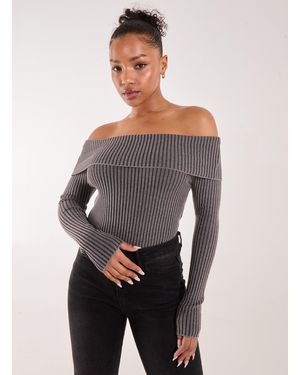 Pink Vanilla Two Tone Rib Bardot Top - Grey