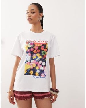 Reclaimed Vintage Oversized T-Shirt With Licensed Monet Flower Print - White