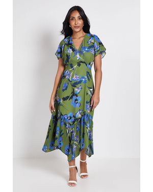 Wallis Petite Floral Button Through Pleated Hem Midi Dress - Blue