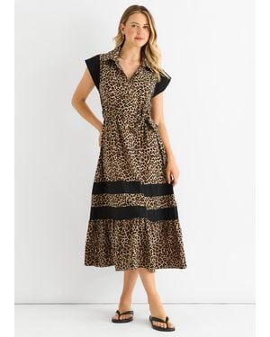 Gini London Animal Contrast Panel Smock Midi Dress - Brown