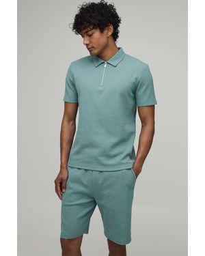 BoohooMAN Slim Fit Waffle Polo & Short Set - Green