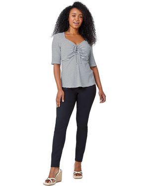 Roman Petite Stripe Ruched V-Neck Stretch Top - Blue