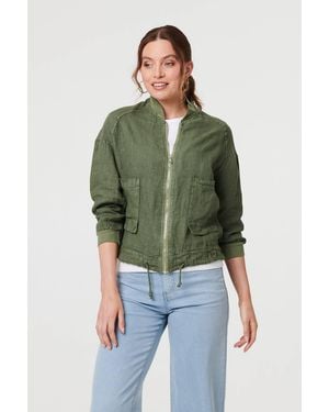 Izabel London Pocket Detail Zip Front Bomber Jacket - Green