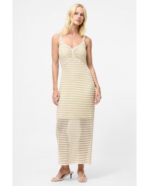 French Connection Cotton Stripe Ruched Chest Braided Straps Midi Dress - Natural