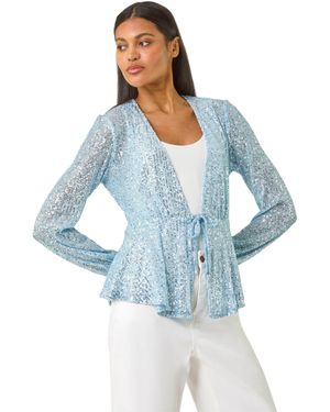 Roman Sequin Tie Front Stretch Top - Blue