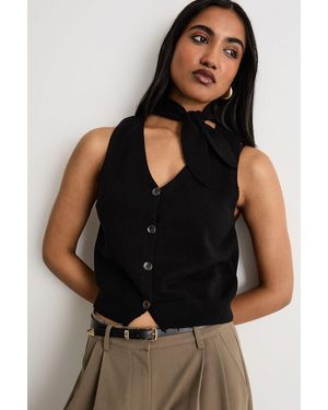 Warehouse Tie Neck Knitted Vest - Black