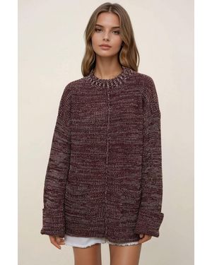 Hiccup Relaxed Fit Textured Long Knit Jumper With Pockets - Purple