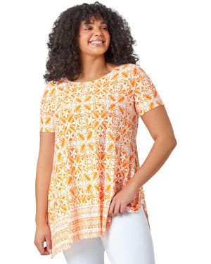 Roman Curve Geo Stretch Jersey Tunic Top - Orange