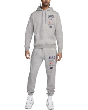 Nike Tracksuit Varsity Stacked Swoosh Fleece Joggers Pullover Hoodie - Grey