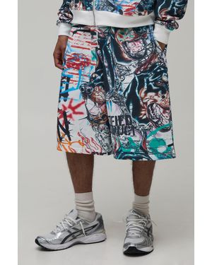 BoohooMAN All Over Graffiti Bermuda Jort - Blue
