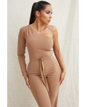 Femme Luxe Belted One Shoulder Jumpsuit - Natural