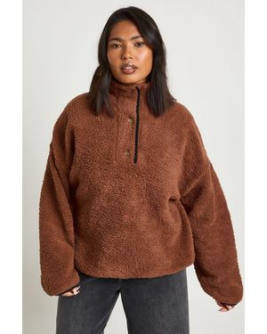 Boohoo Plus Borg Button Down Sweatshirt - Brown