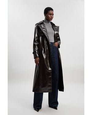 Karen Millen High Shine Faux Leather Trench Coat - Black