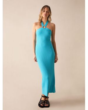 Ro&zo Aqua Ribbed Knit Halter Dress - Blue