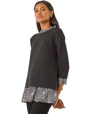 Roman Abstract Print Trim Tunic - Black