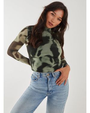 Pink Vanilla Smokey Print Long Sleeve Mesh Bodysuit - Green
