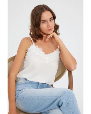 Hiccup Sleeveless V-Neck Blouse With Lace Detail - White