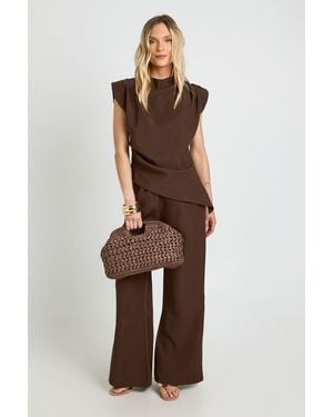 Boohoo Petite Asymmetric Shoulder Pad Top & Straight Leg Trouser Co-Ord - Brown