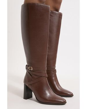 Karen Millen Leather Heeled Buckle Detail Knee High - Brown