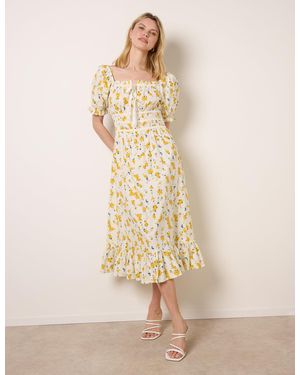 Blue Vanilla Ditsy Floral Poplin Milkmaid Midi Dress - Natural