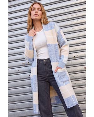 Roman Check Longline Pocket Cardigan - Blue