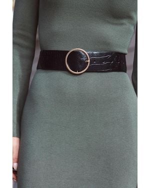 Sosandar Croc Leather Belt With Round Buckle - Grey