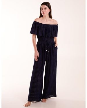 Blue Vanilla Off-Shoulder Cheesecloth Jumpsuit - Blue