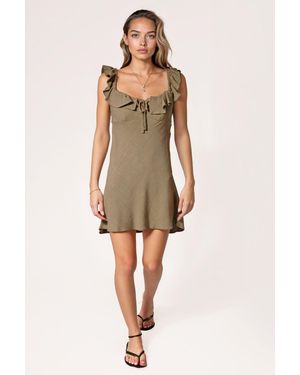 New Look Linen Effect Short Ruffle Neck Dress - Natural