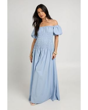 Boohoo Maternity Linen Look Puff Sleeve Shirred Bodice Maxi Dress - Blue