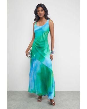 Warehouse Ombre Chiffon Square Neck Bias Midi Slip Dress - Blue