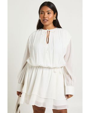 Boohoo Plus Chiffon Blouson Ruffle Tie Belt Skater Dress - White