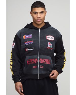BoohooMAN Oversized Boxy Moto Applique Zip Through Hoodie - Blue