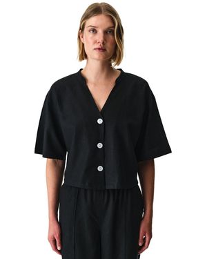 Penti Linen-Viscose Mandarin Collar Shirt - Black