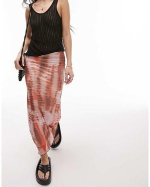 TOPSHOP Mesh Tie Dye Picot Trim Midi Skirt - Red