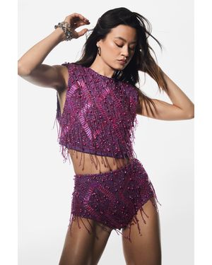 Nasty Gal Diamante Embellished Tassel Beaded Crop Top - Purple