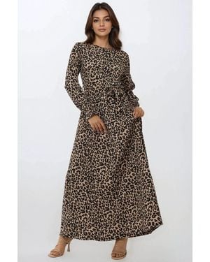 Hiccup Printed Crew Neck Maxi Dress With Belt - Brown