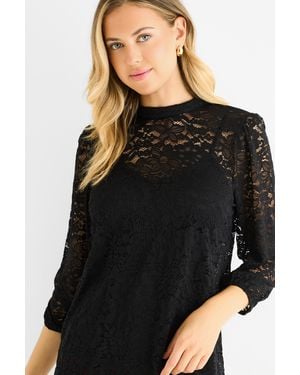 Gini London High Neck Jersey Lace Loose Fit Blouse - Black
