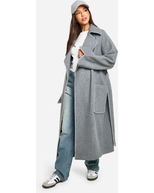 Boohoo Contrast Stitch Belted Wool Look Coat - Blue